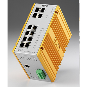 Foto Switches PoE gestionados Layer 2/4 de doce puertos para carril DIN en entornos industriales.